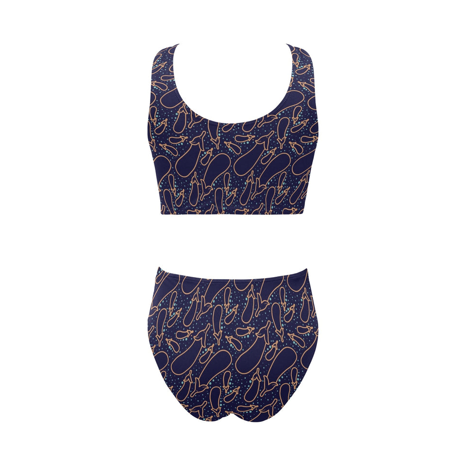 Eggplant Pattern Print Design 04 Chest Bowknot High Waisted Bikini Swimsuit