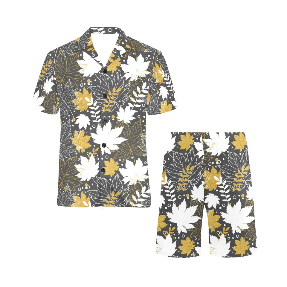 Beautiful gold autumn maple leaf pattern Men's V-Neck Short Pajama Set