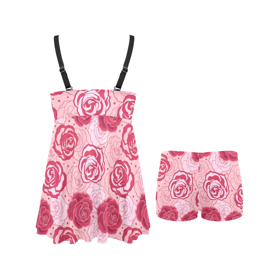 Rose Pattern Print Design 02 Chest Sexy Pleated Two Piece Swim Dress