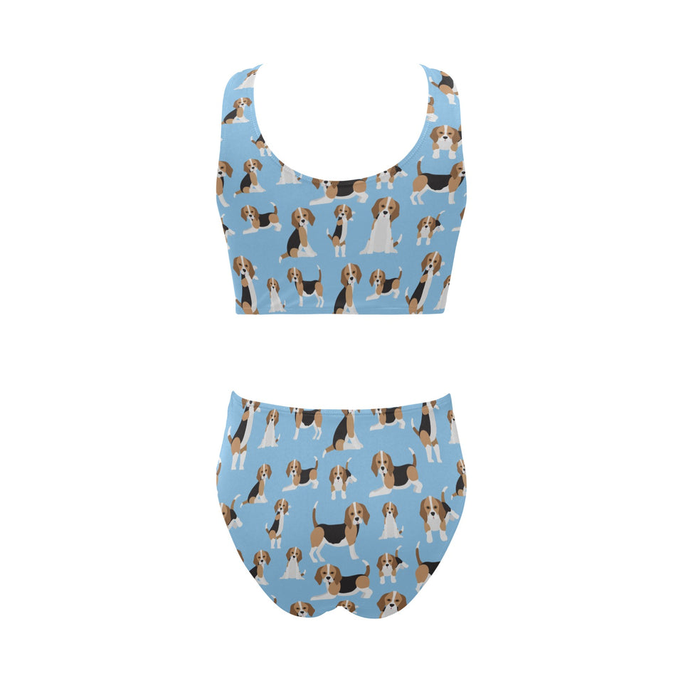Beagle dog blue background pattern Chest Bowknot High Waisted Bikini Swimsuit