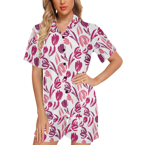 pink sketch tulip pattern Women's V-Neck Short Pajama Set