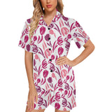 pink sketch tulip pattern Women's V-Neck Short Pajama Set