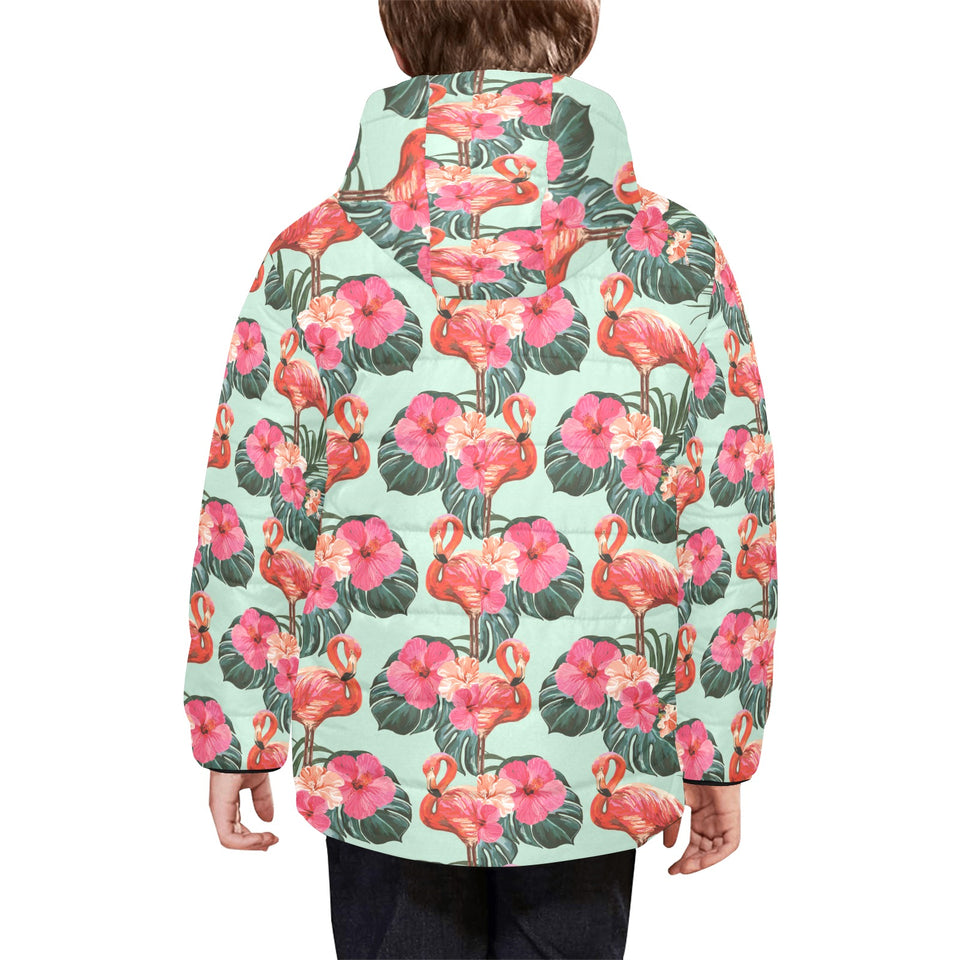 Beautiful flamingo tropical palm leaves hibiscus p Kids' Boys' Girls' Padded Hooded Jacket