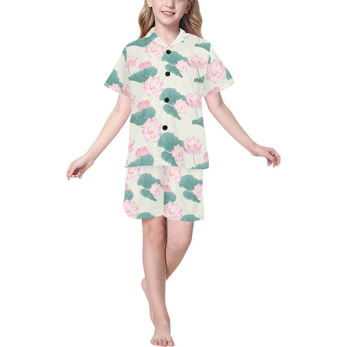 Pink lotus waterlily leaves pattern Kids' Boys' Girls' V-Neck Short Pajama Set