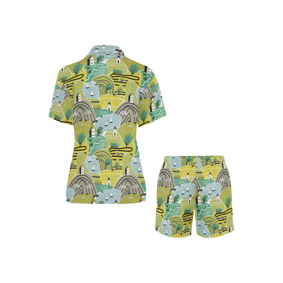 Hand drawn windmill pattern Women's V-Neck Short Pajama Set