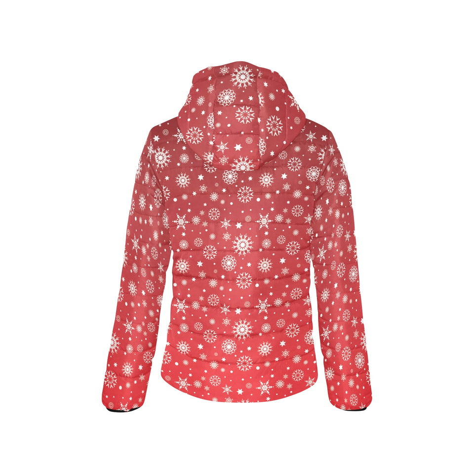 Snowflake pattern red background Women's Padded Hooded Jacket