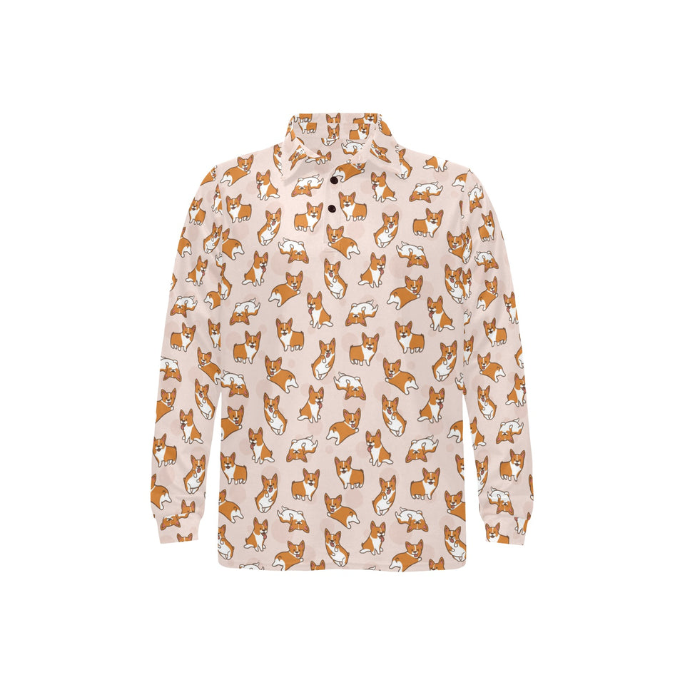 Cute Corgis Pattern pink background Men's Long Sleeve Polo Shirt