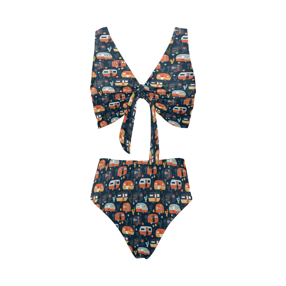 Camper Van Pattern Print Design 05 Chest Bowknot High Waisted Bikini Swimsuit
