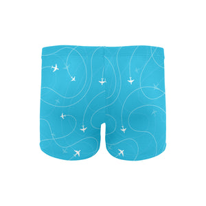 Airplane destinations blue background Men's Swimming Trunks