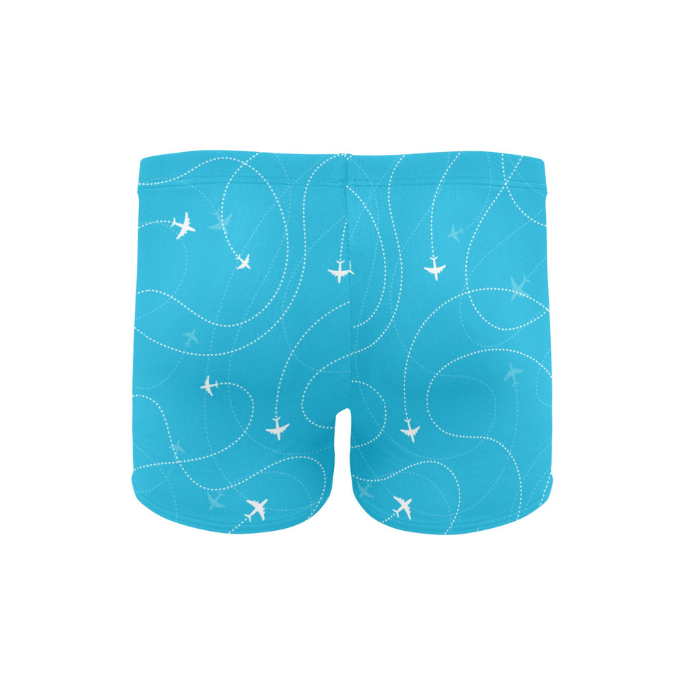 Airplane destinations blue background Men's Swimming Trunks