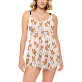 Cute Corgis Pattern pink background Chest Sexy Pleated Two Piece Swim Dress