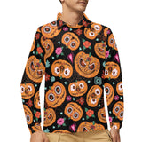 Pumpkin flowers spiderweb Halloween theme Men's Long Sleeve Polo Shirt