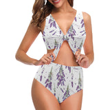 lavender flower design pattern Chest Bowknot High Waisted Bikini Swimsuit