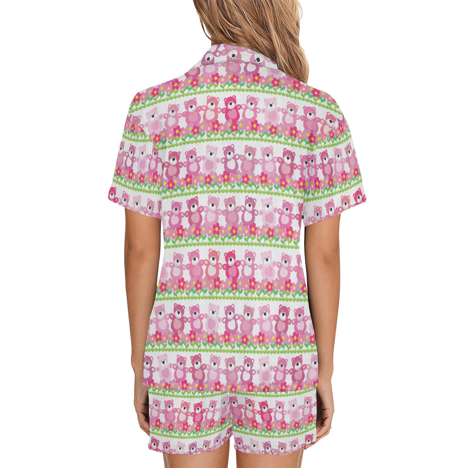Teddy Bear Pattern Print Design 04 Women's V-Neck Short Pajama Set