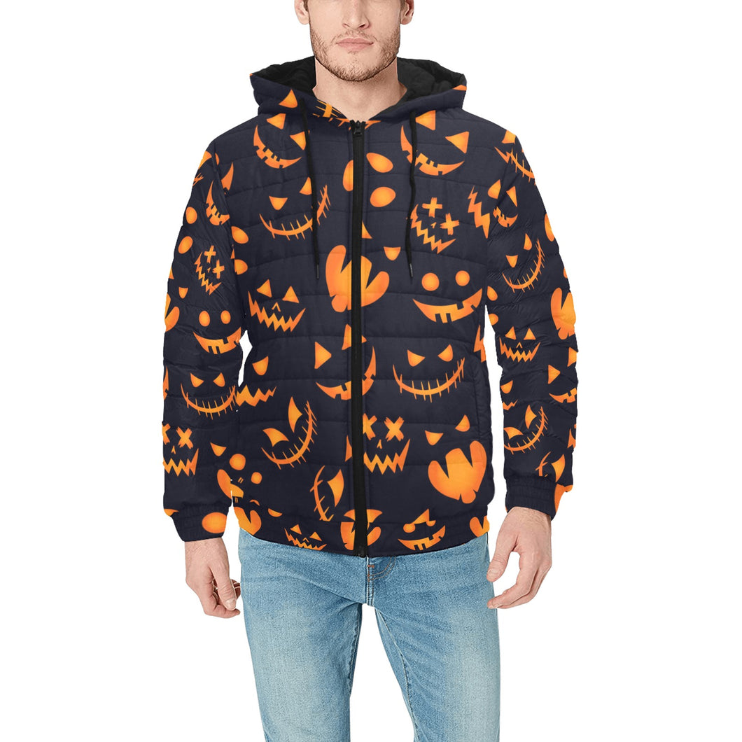 Halloween pattern Pumpkin background Men's Padded Hooded Jacket