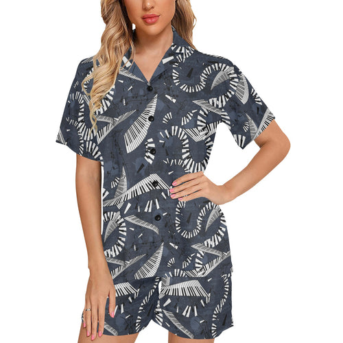 Piano Pattern Print Design 02 Women's V-Neck Short Pajama Set