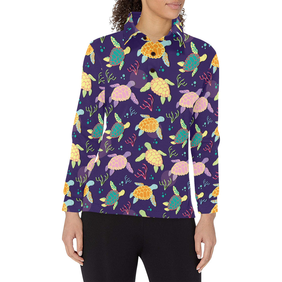 Colorful sea turtle pattern Women's Long Sleeve Polo Shirt
