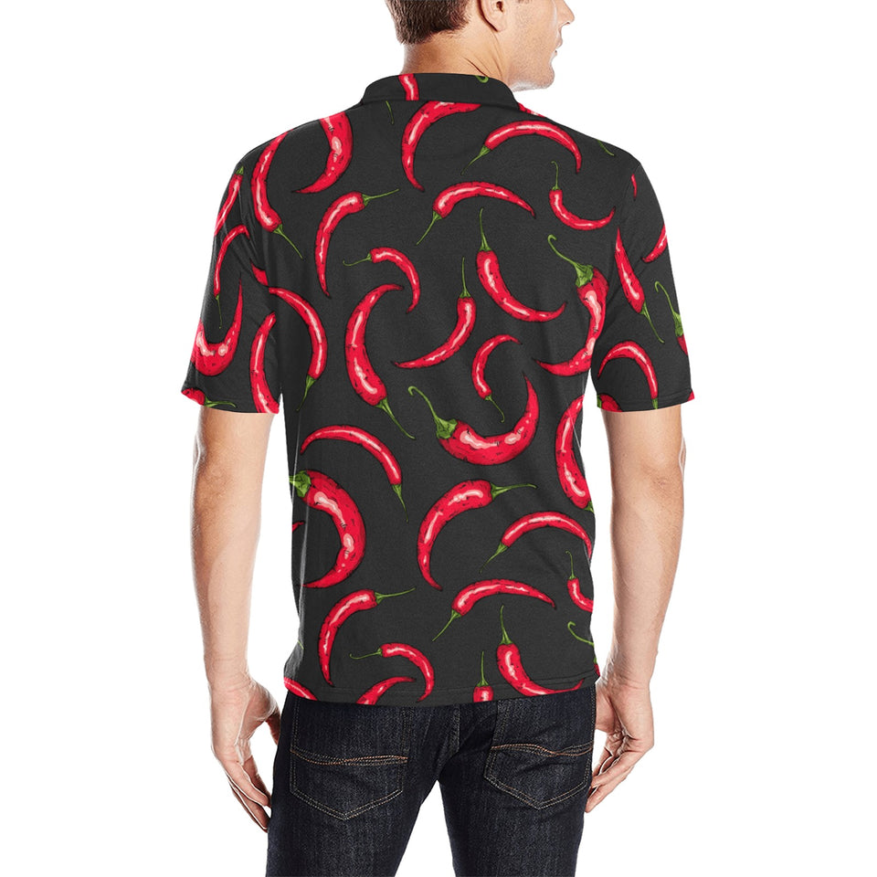 Chili peppers pattern black background Men's All Over Print Polo Shirt