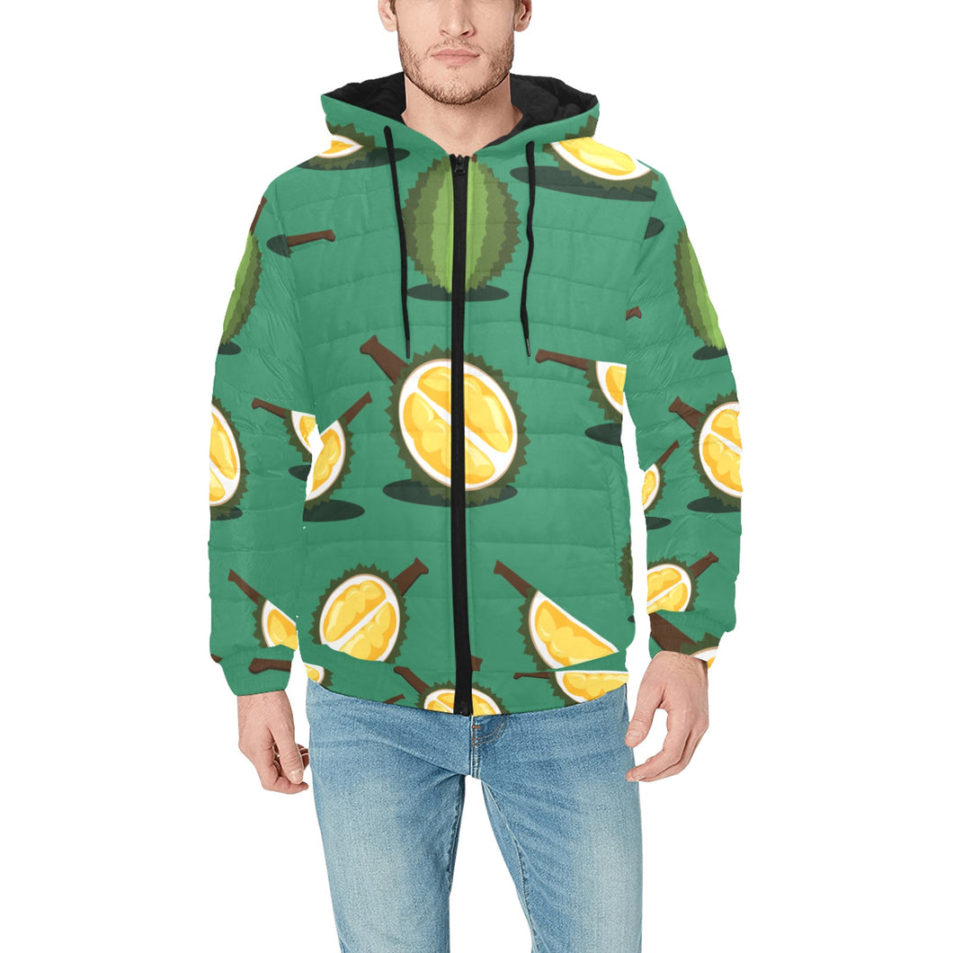 Durian pattern green background Men's Padded Hooded Jacket