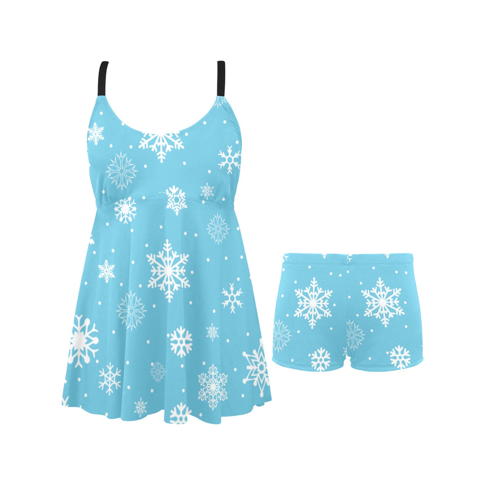 Snowflake pattern blue background Chest Sexy Pleated Two Piece Swim Dress