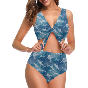 Shark hand drawn Chest Bowknot High Waisted Bikini Swimsuit