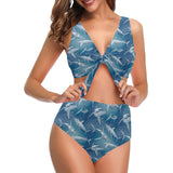 Shark hand drawn Chest Bowknot High Waisted Bikini Swimsuit