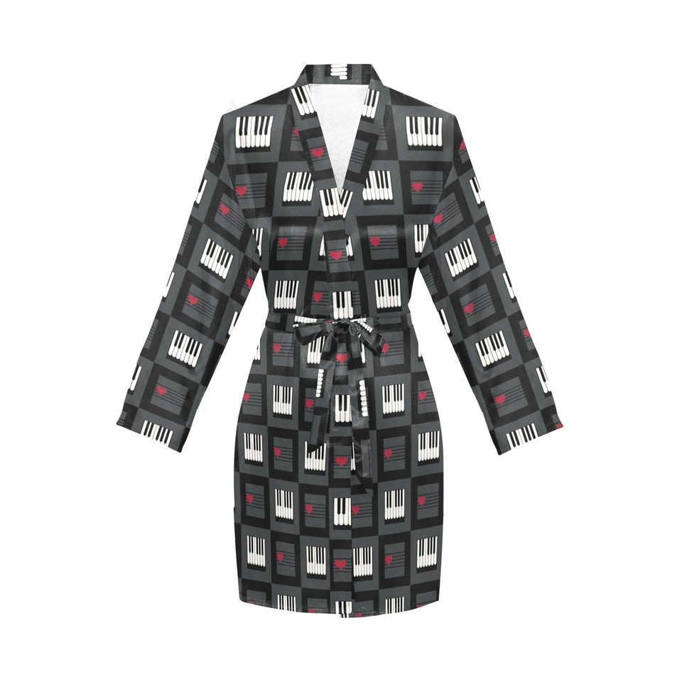 Piano Pattern Print Design 05 Women's Long Sleeve Belted Night Robe