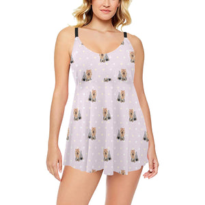 Yorkshire Terrier Pattern Print Design 02 Chest Sexy Pleated Two Piece Swim Dress