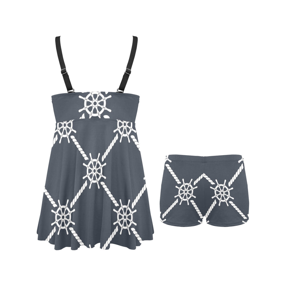 nautical steering wheel rope pattern Chest Sexy Pleated Two Piece Swim Dress