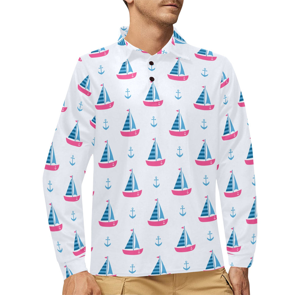 Sailboat anchor pattern Men's Long Sleeve Polo Shirt