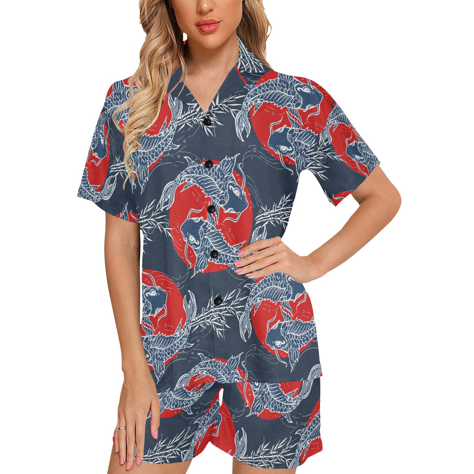 Koi Fish Carp Fishs hand drawn japanese art Women's V-Neck Short Pajama Set