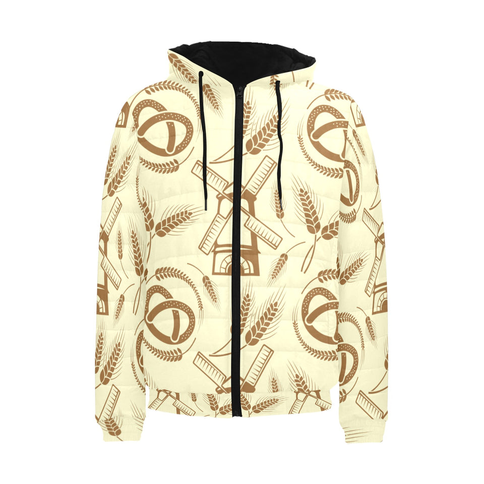 Windmill Wheat pattern Men's Padded Hooded Jacket