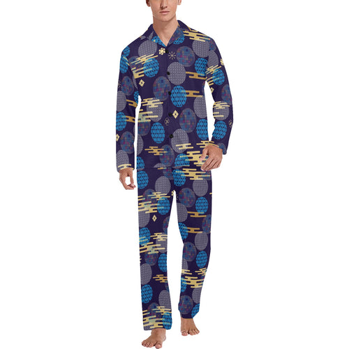 Blue japanese pattern cloud wave flower Men's Long Pajama Set