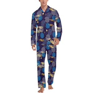 Blue japanese pattern cloud wave flower Men's Long Pajama Set