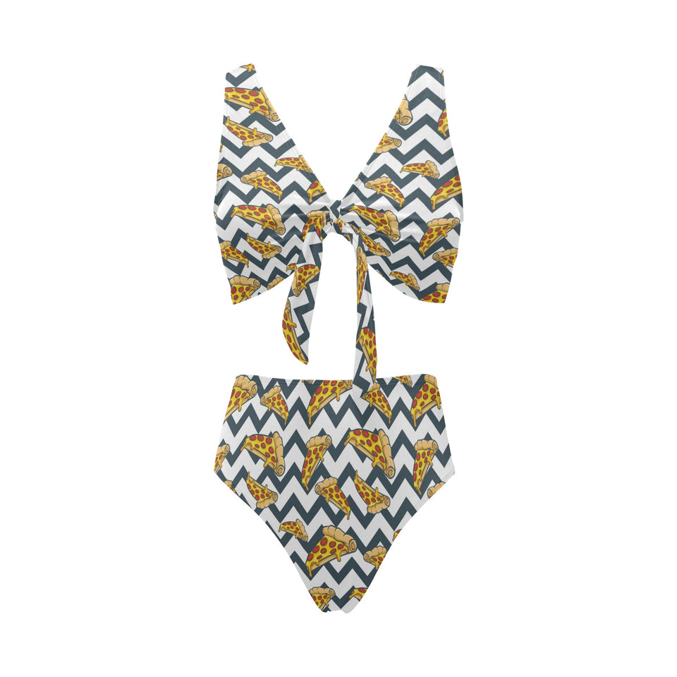 Pizza design pattern Chest Bowknot High Waisted Bikini Swimsuit