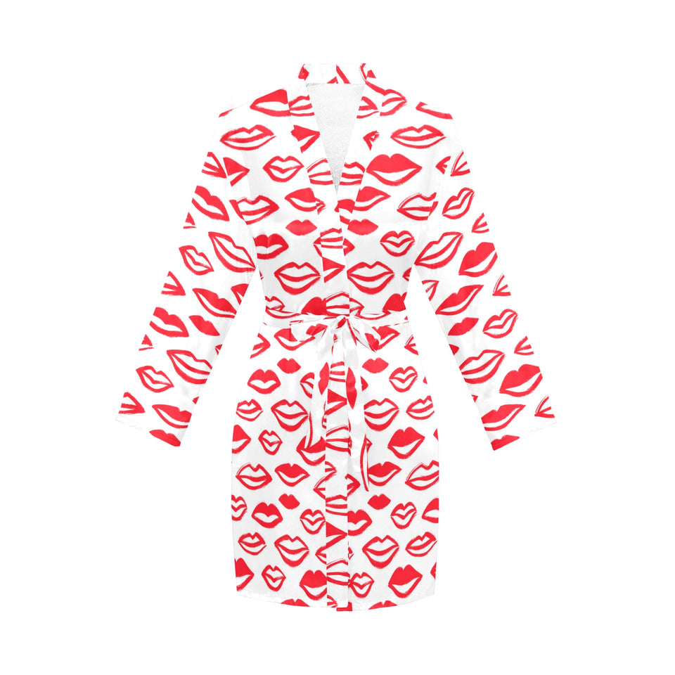 Lips Pattern Print Design 05 Women's Long Sleeve Belted Night Robe