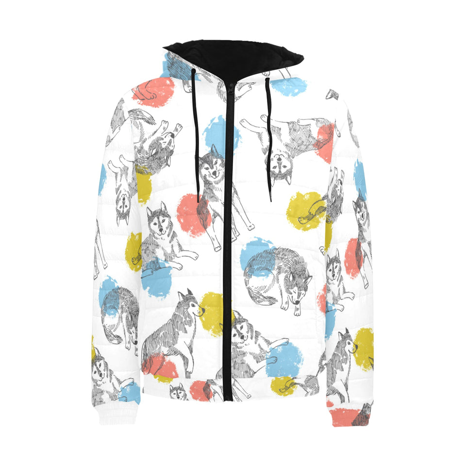 Siberian husky and colorful circle pattern Men's Padded Hooded Jacket