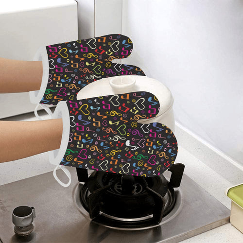 Music Notes Pattern Print Design 02 Heat Resistant Oven Mitts