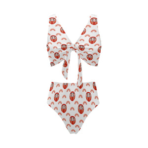 Daruma japanese wooden doll design pattern Chest Bowknot High Waisted Bikini Swimsuit