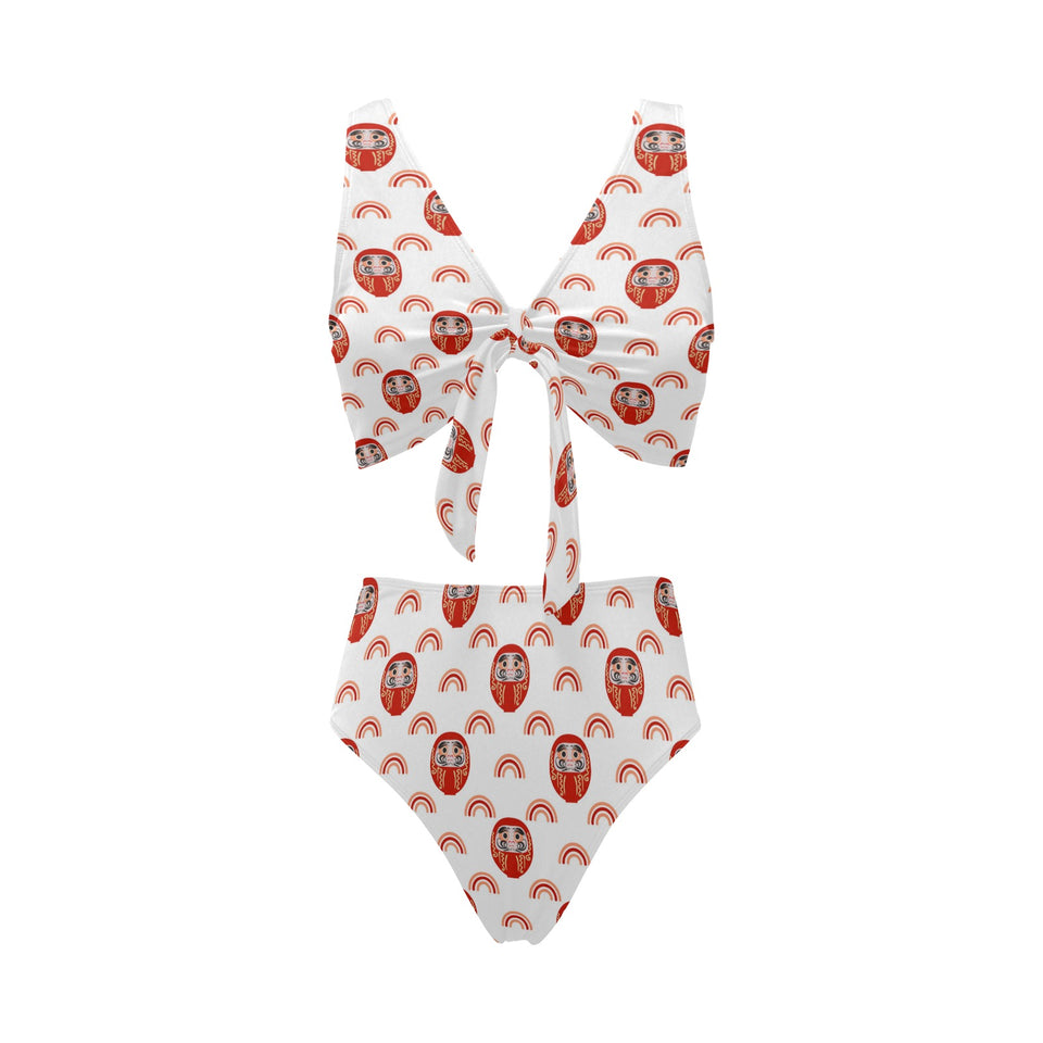 Daruma japanese wooden doll design pattern Chest Bowknot High Waisted Bikini Swimsuit