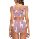 Llama Alpaca pink background Chest Bowknot High Waisted Bikini Swimsuit