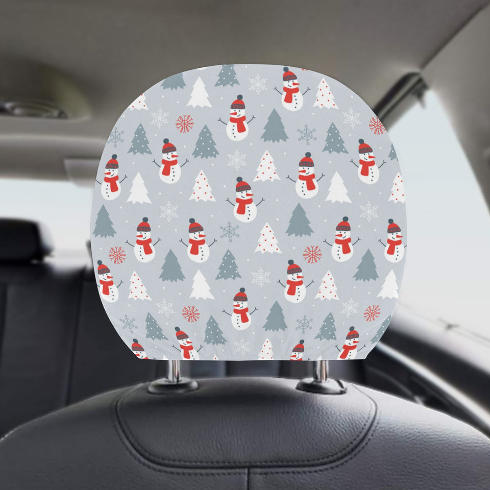 Snowman christmas tree snow gray background Car Headrest Cover
