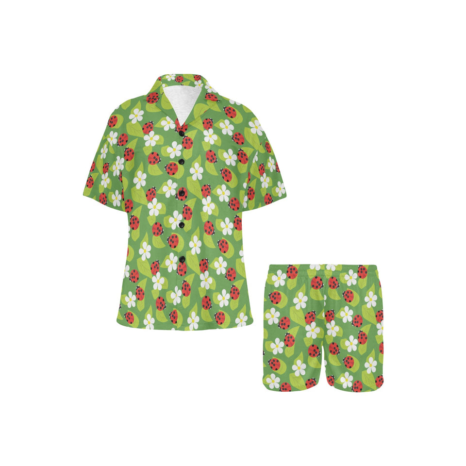 Ladybug Pattern Print Design 01 Women's V-Neck Short Pajama Set