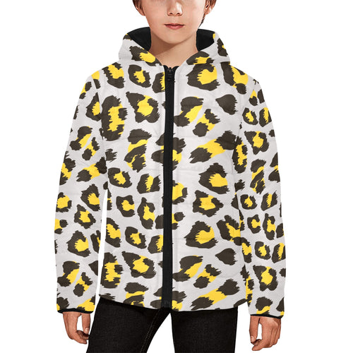 Gray Leopard print pattern Kids' Boys' Girls' Padded Hooded Jacket
