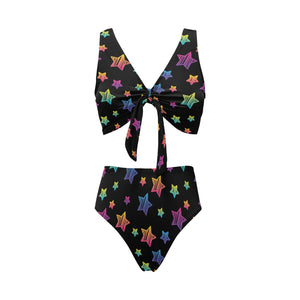 Colorful star pattern Chest Bowknot High Waisted Bikini Swimsuit