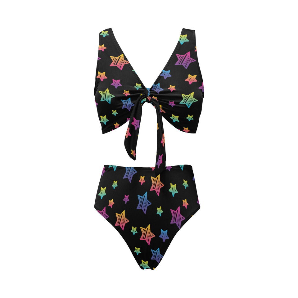 Colorful star pattern Chest Bowknot High Waisted Bikini Swimsuit