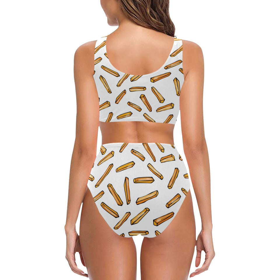 French fries potato pattern Chest Bowknot High Waisted Bikini Swimsuit