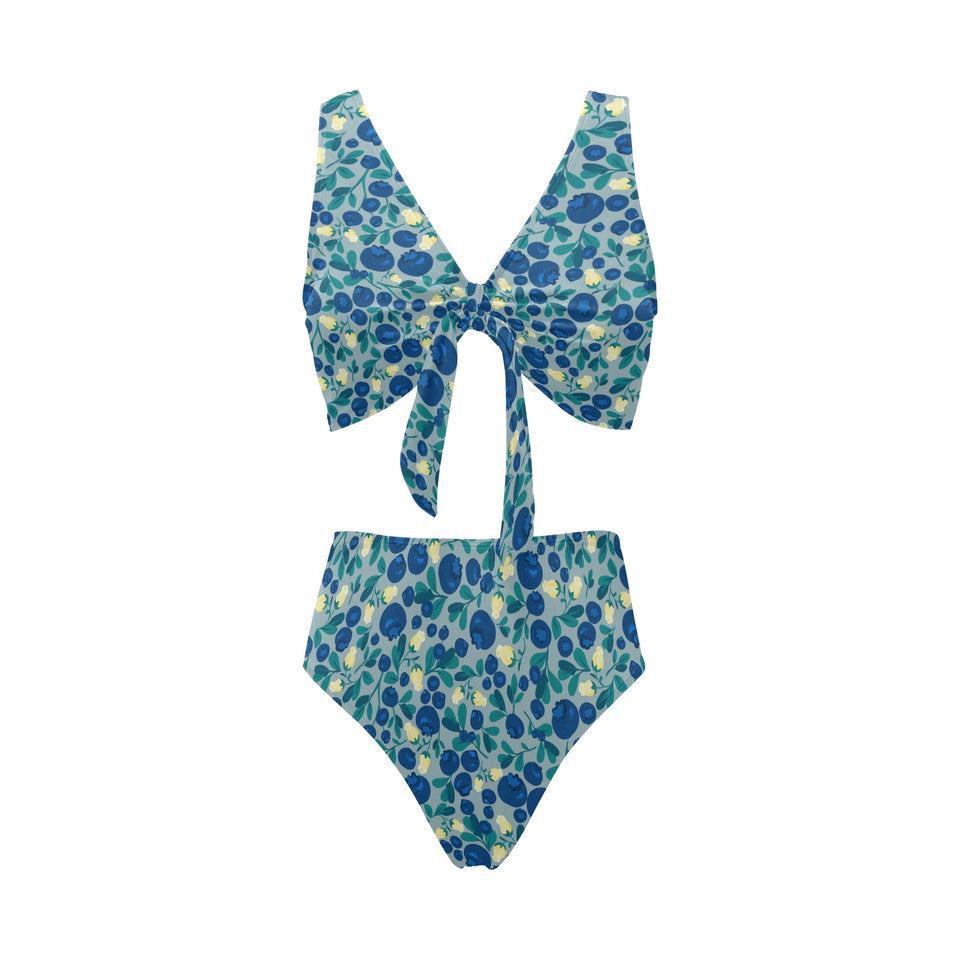 blueberry design pattern Chest Bowknot High Waisted Bikini Swimsuit