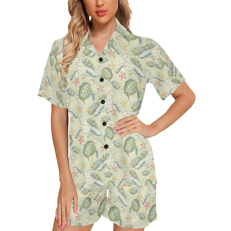 Hand drawn sea turtle fish pattern Women's V-Neck Short Pajama Set