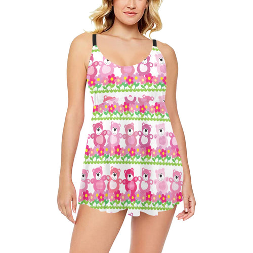 Teddy Bear Pattern Print Design 04 Chest Sexy Pleated Two Piece Swim Dress